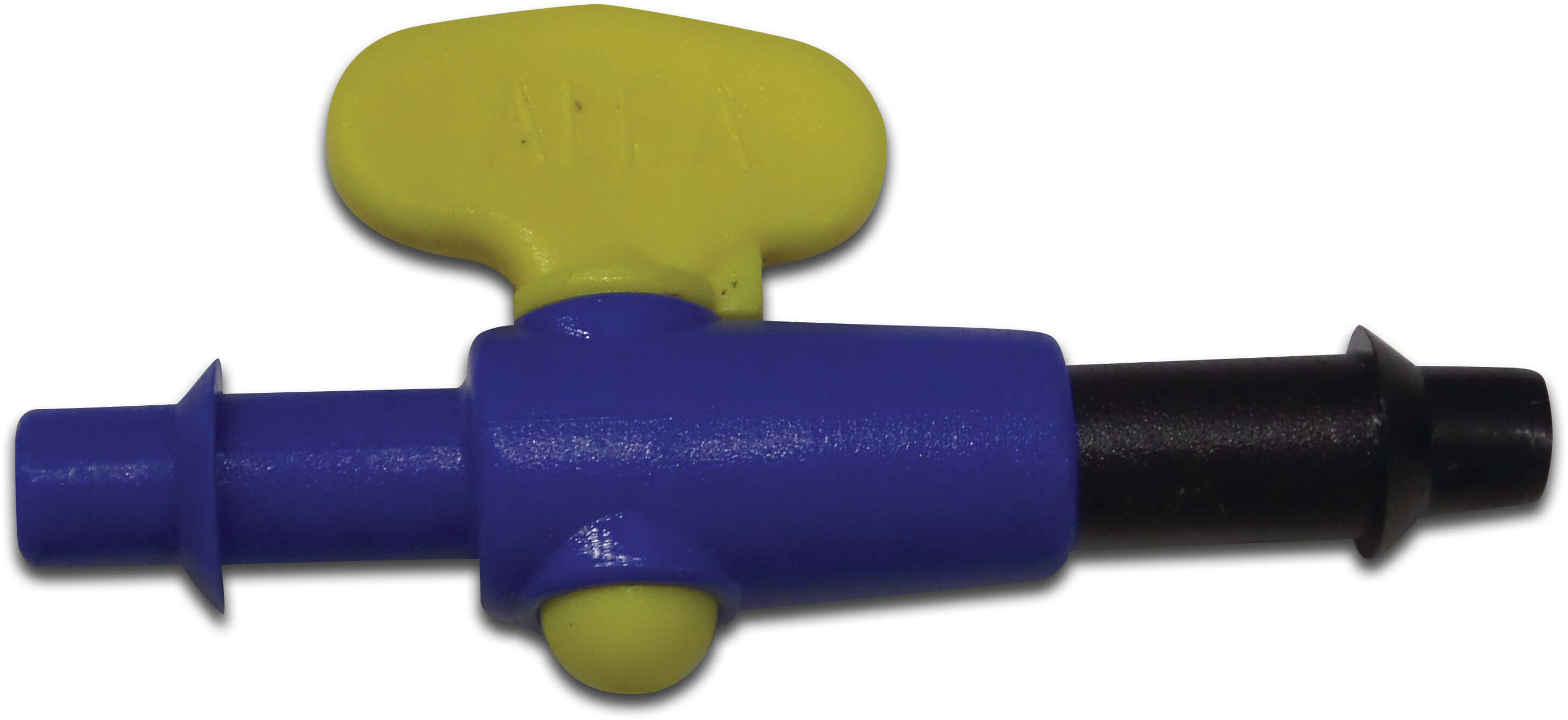 Mini avstängningsventil PP 5 mm slangkoppling 2bar blå/gul