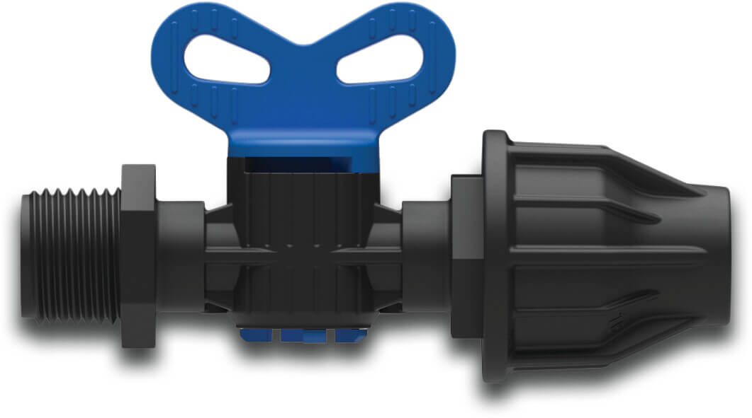 Plugkraan PP 16 mm x 1/2" lock x buitendraad 4bar zwart/blauw type Quick joint