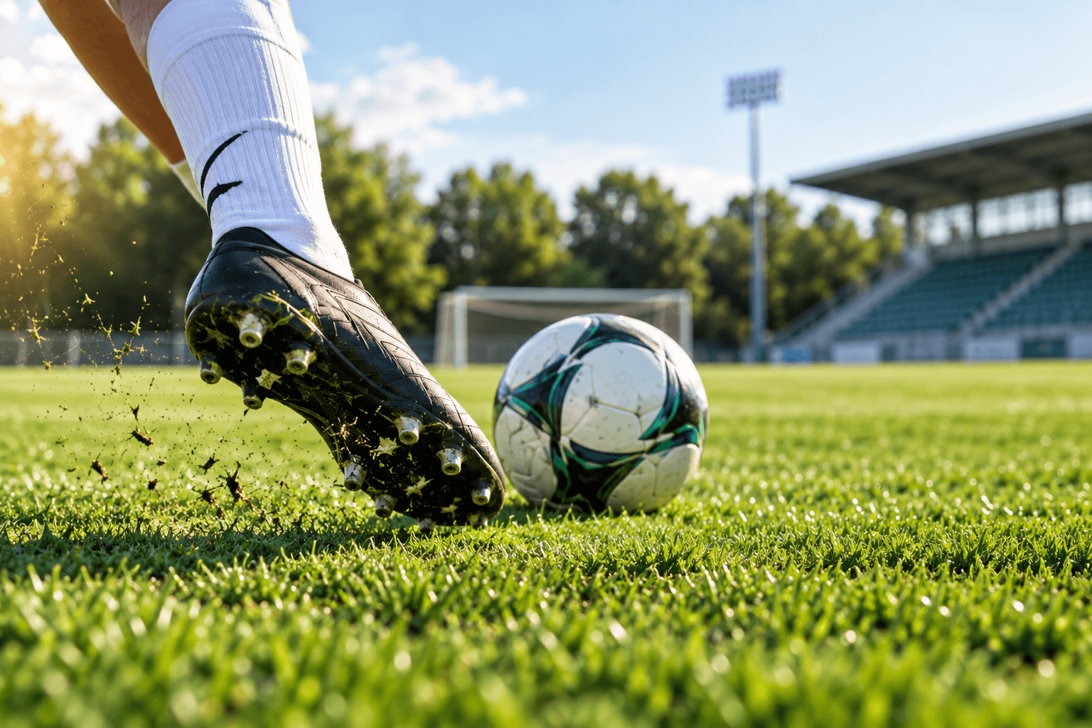 Football player kicking a ball on a natural grass sports field