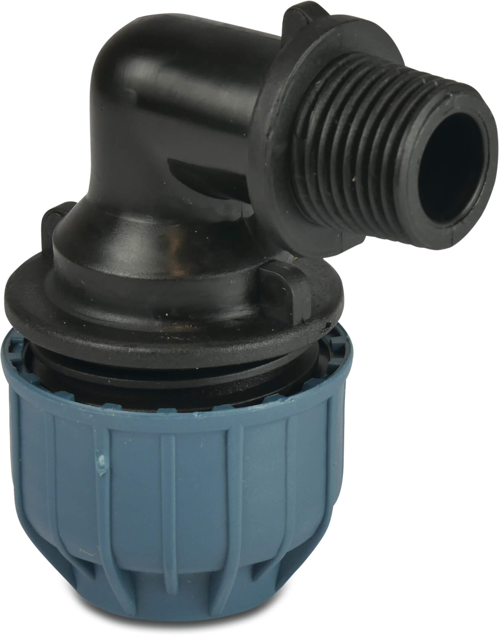 Jason Elbow 90° PP 32 mm x 3/4" compression x male thread 10bar black/blue