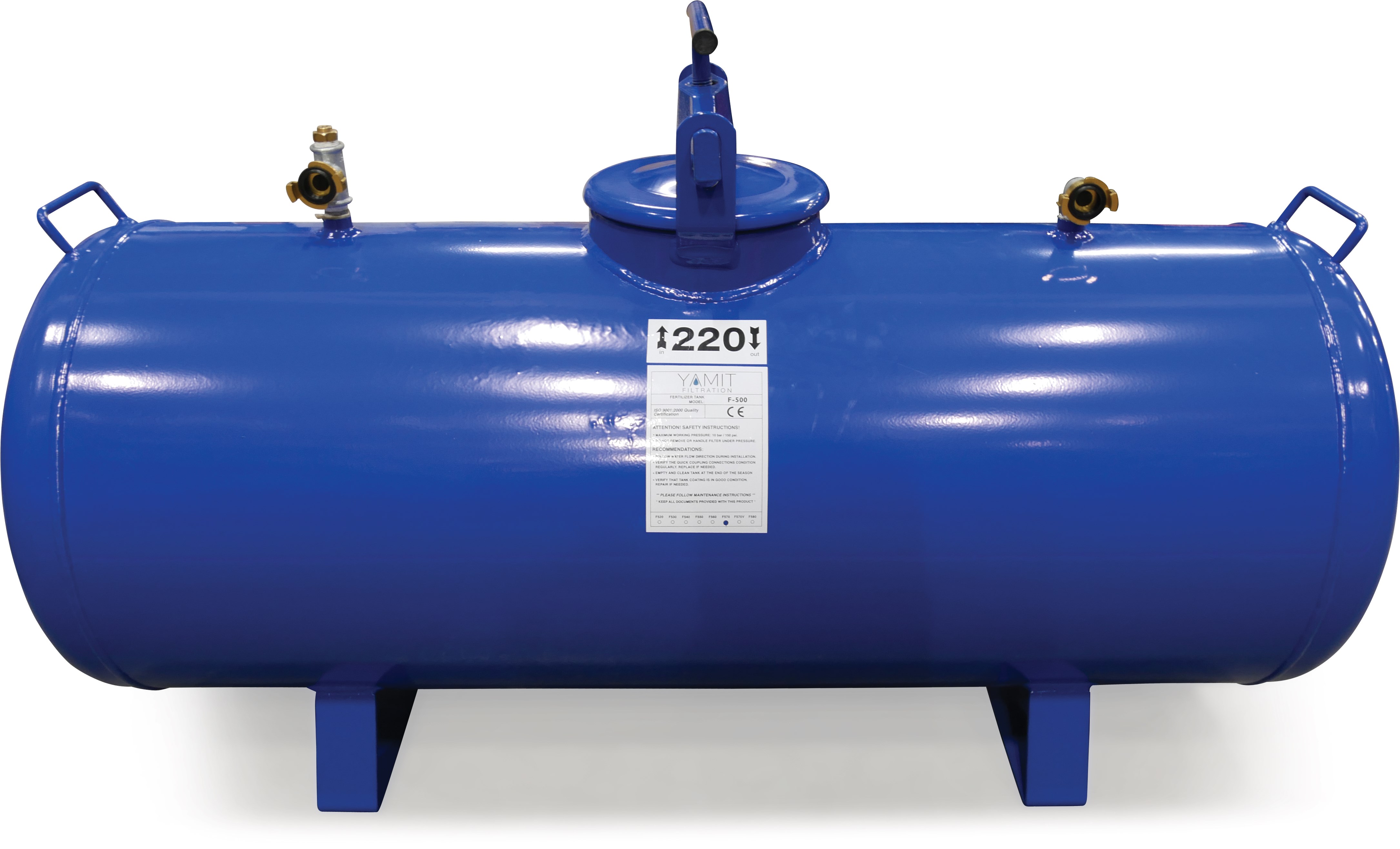 Yamit Fertilizer tank steel powdercoated 25" x 13 mm hose tail 8bar blue 220ltr type F570H horizontal