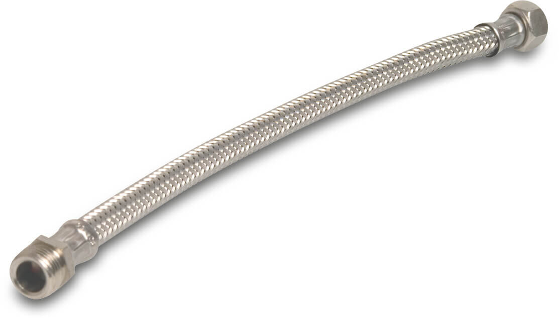 Flätad slang rostfritt stål/silikon 3/4" utvändig gänga x invändig gänga mutter 10bar 30cm mässing utvändig gänga KTW/DVGW type rak