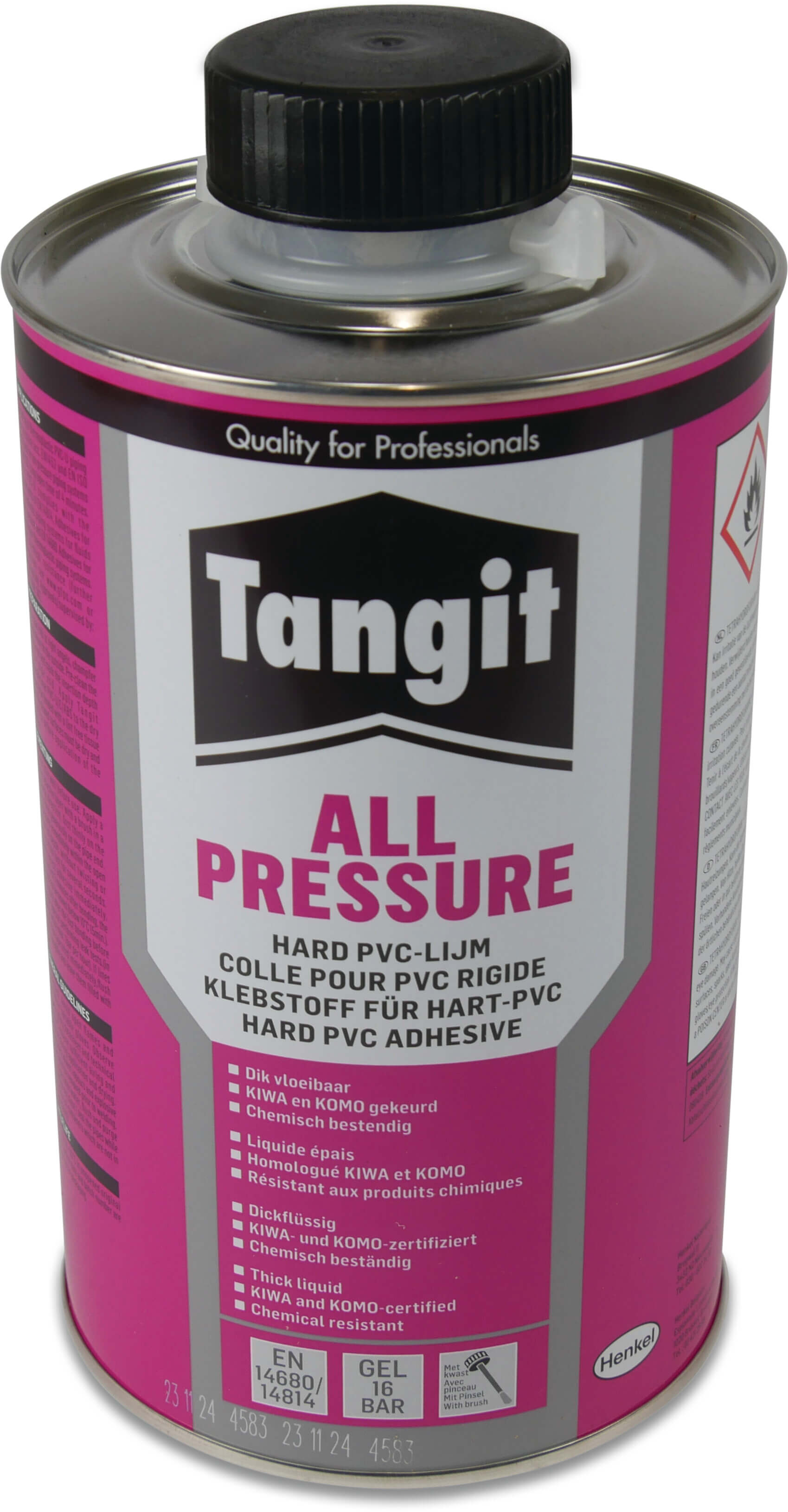Tangit PVC-lijm 960g met kwast KIWA type All Pressure label EN/DE/NL/FR