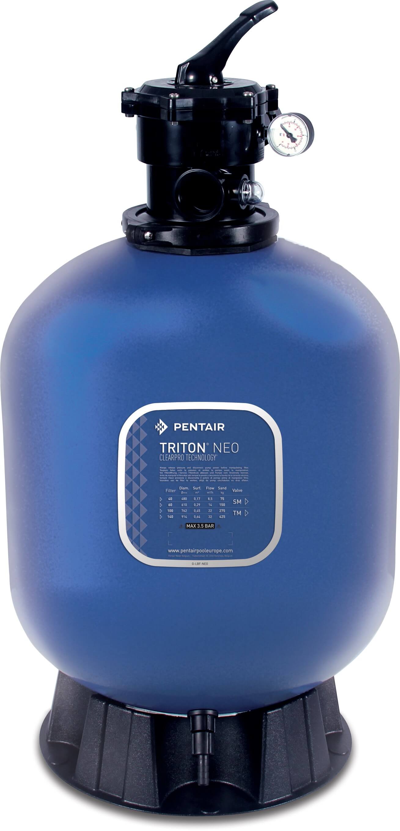 Pentair Zandfilter glasvezel versterkt polyester 1 1/2" binnendraad 3,5bar blauw type Triton® F-19T6-NEO-CP