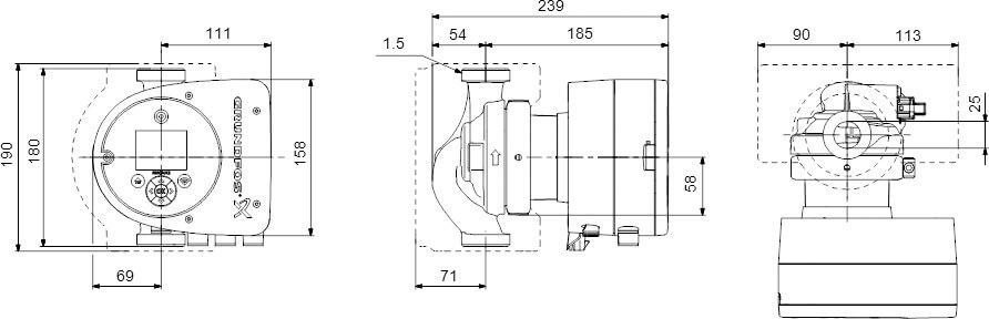 Grundfos Variable speed circulation pump cast iron 1 1/2" male thread 10bar 0.75A 230VAC black/red WRAS type MAGNA3 25-60 (180)