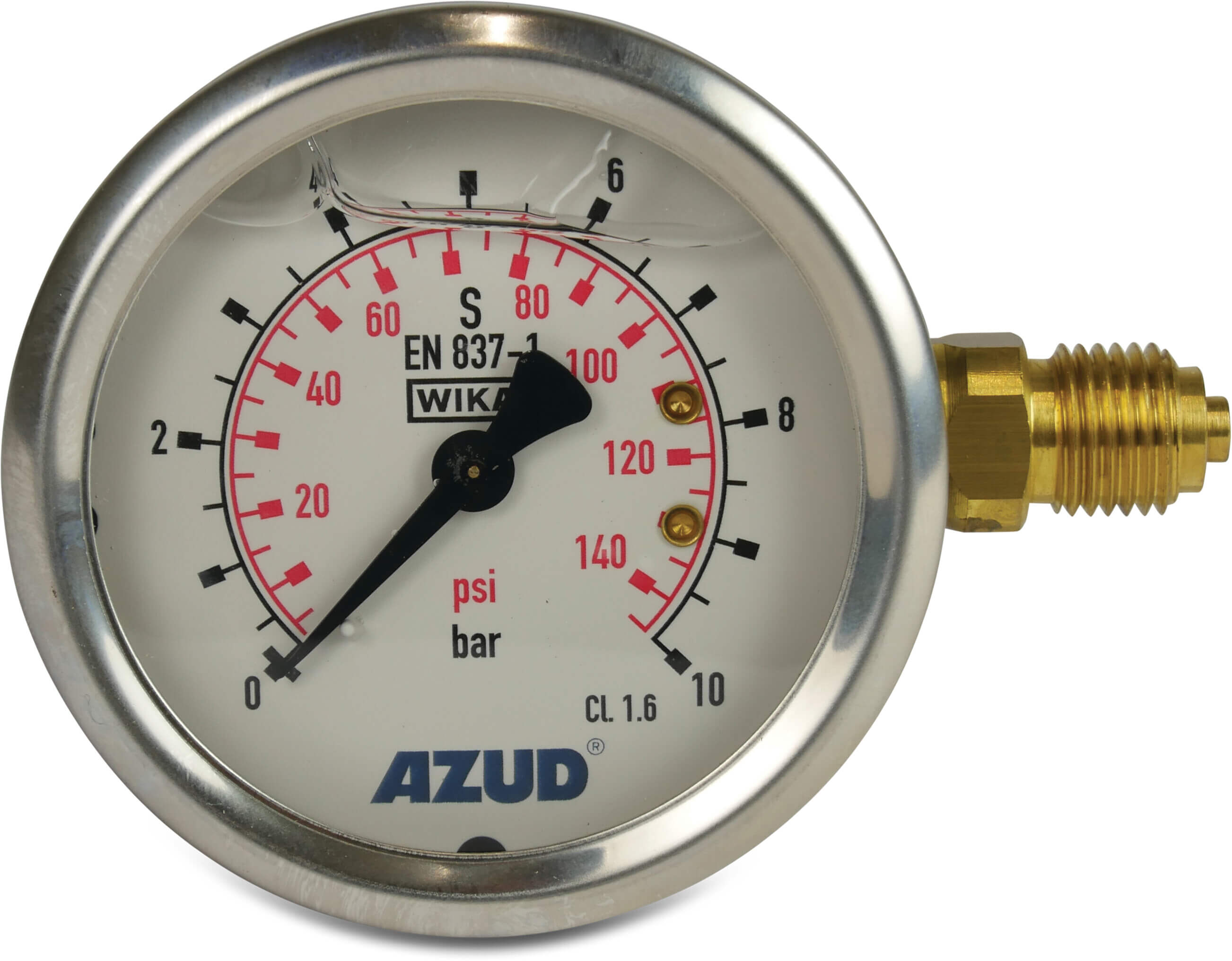 Azud Manomètre filetage mâle 0 - 10bar type glycérine raccordement par le côté latéral 1/4"