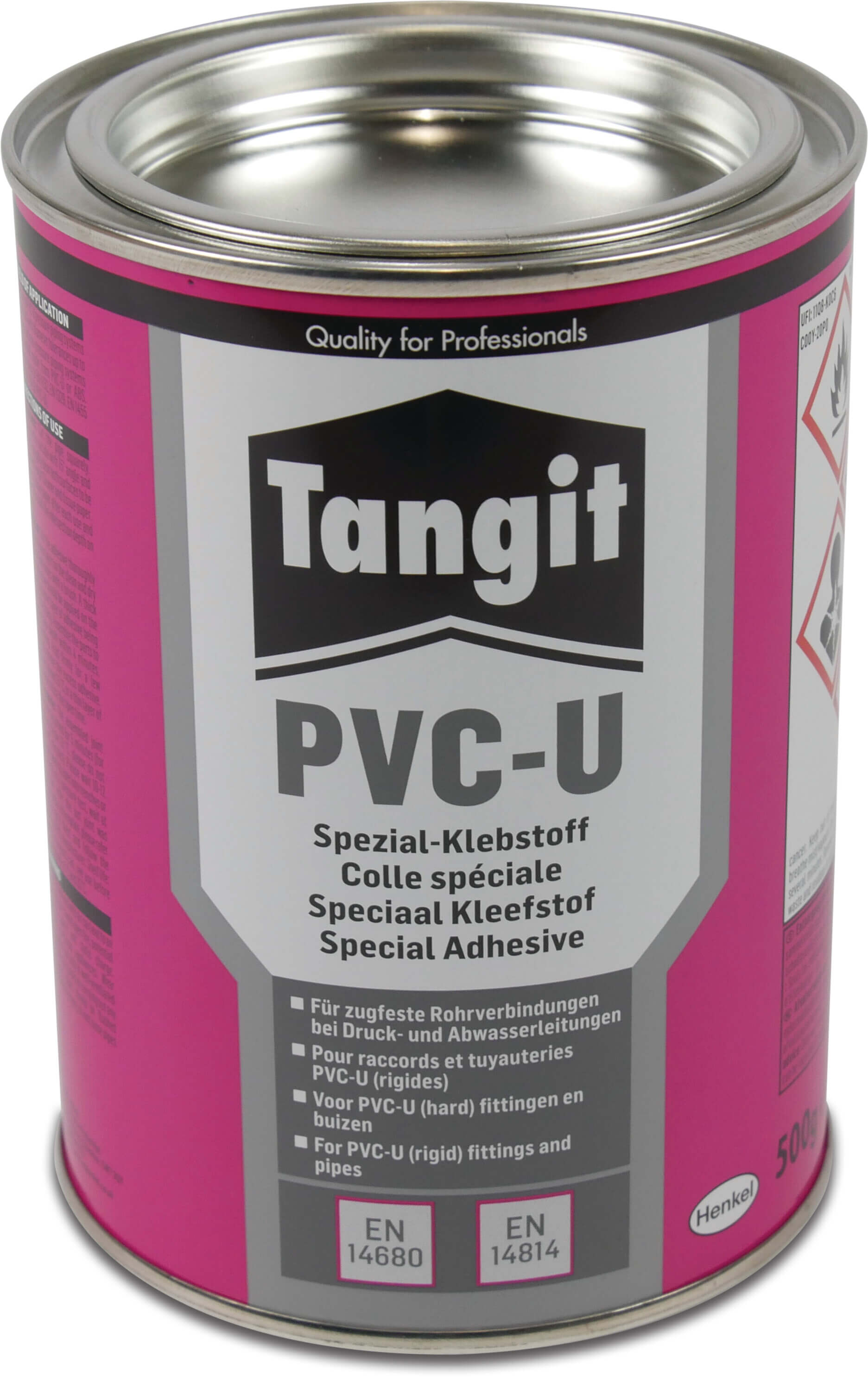 Tangit PVC-lijm 500g zonder kwast KIWA type All Pressure label EN/DE/NL/FR