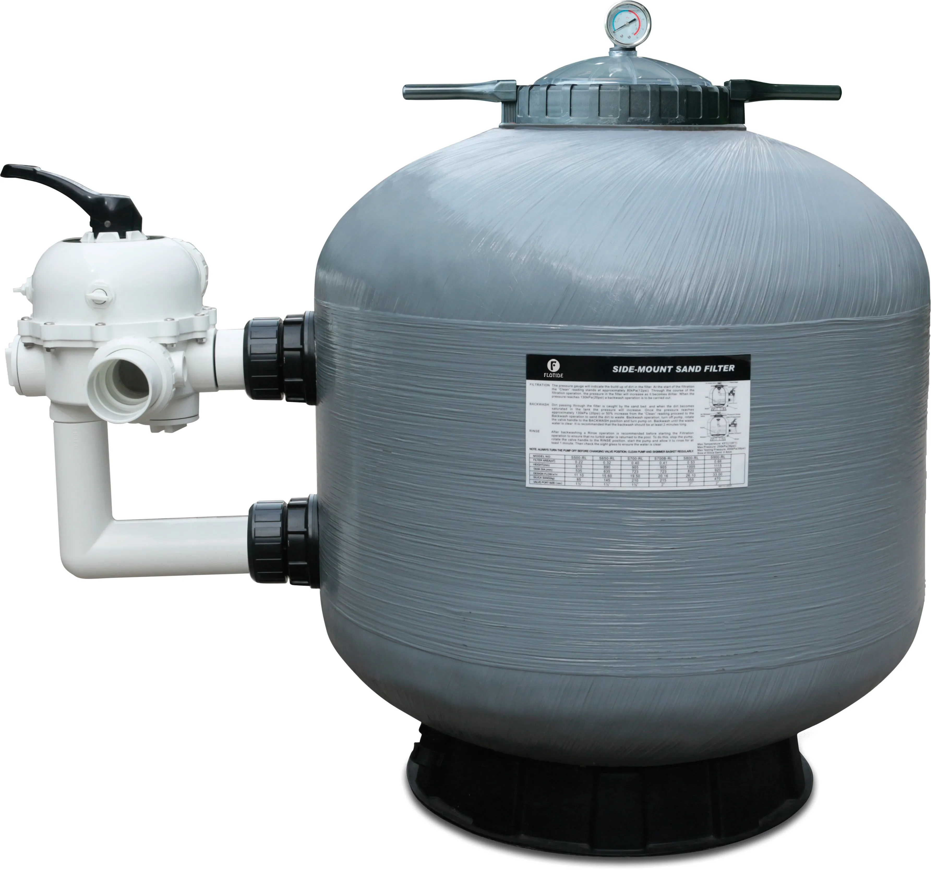 Flotide Zandfilter PE/glasvezel versterkt polyester 50 mm / 1 1/2" metrisch/imperial lijmmof 2,5bar grijs type S450R