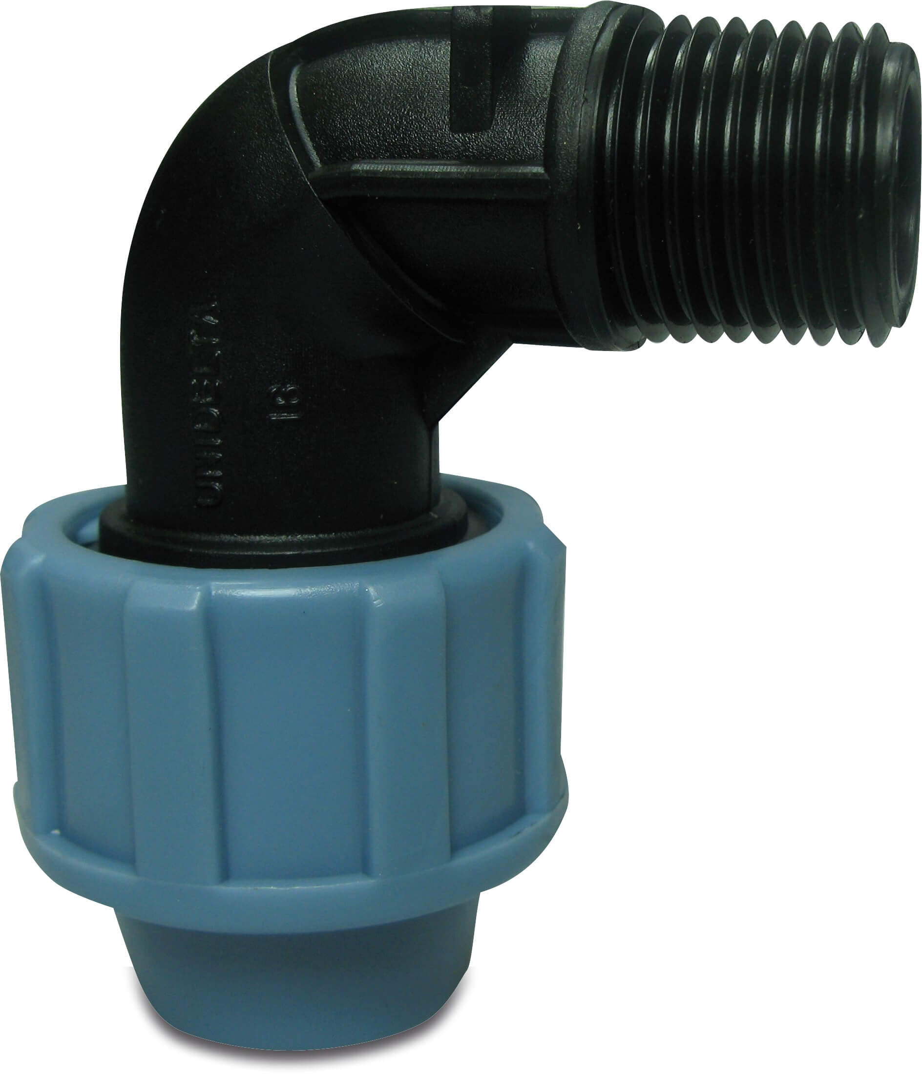 Unidelta Adaptor elbow 90° PP 16 mm x 1/2" compression x male thread 16bar black/blue DVGW/KIWA/WRAS