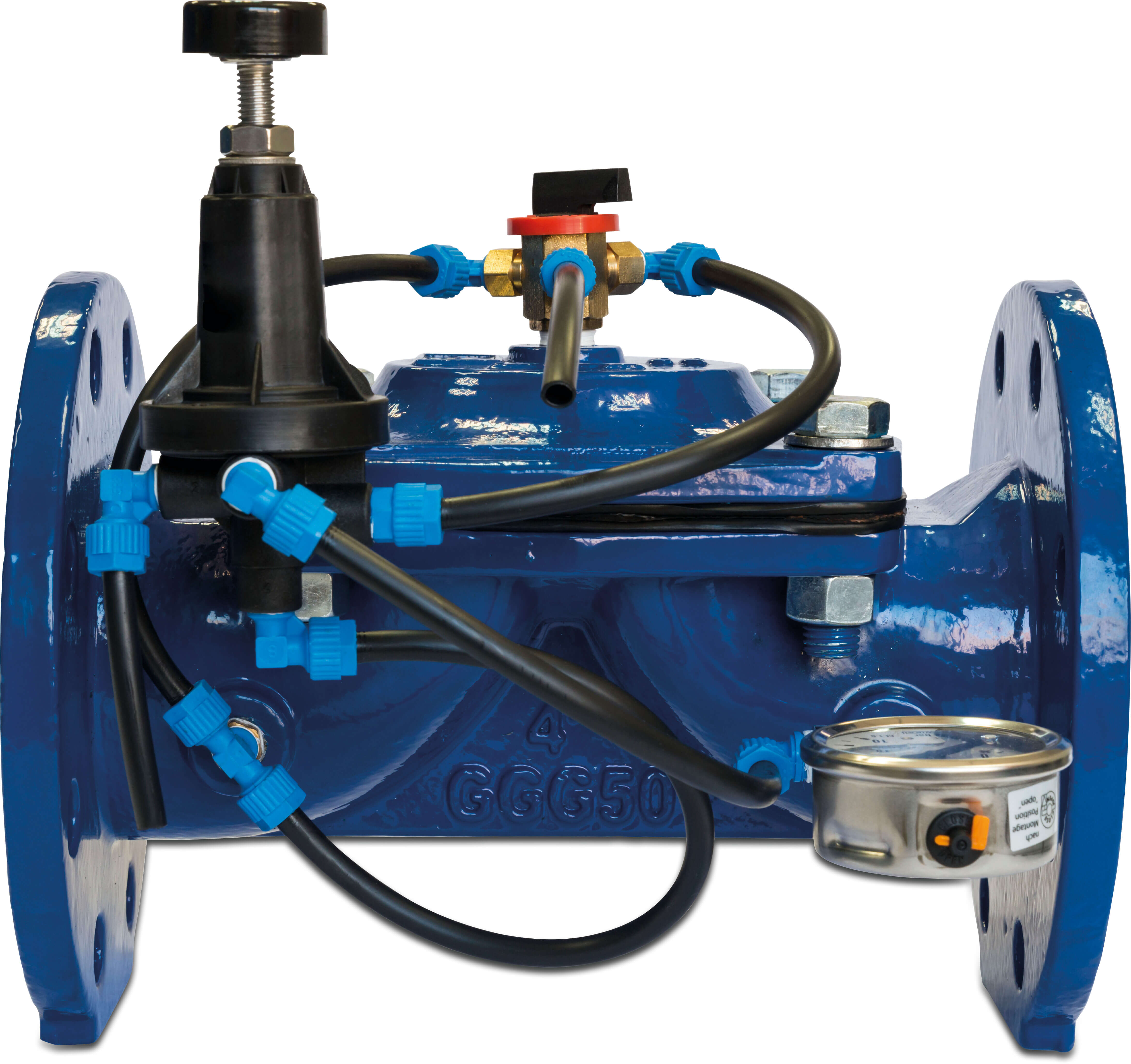 Azud Pressure reducing hydraulic valve cast iron GG 25 epoxy coating 3" flange 16bar blue