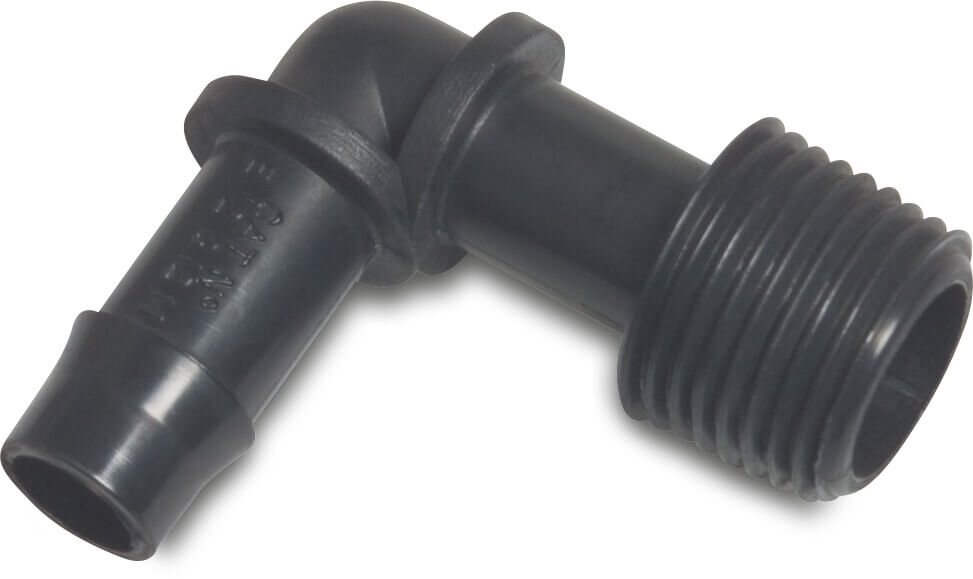 Barbed adaptor elbow 90° PA (nylon) 1/2" x 13 mm male thread x hose tail 10bar black type WF