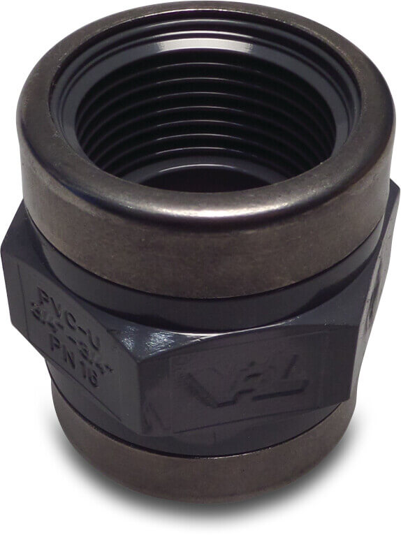 VDL Adaptor socket PVC-U 1 1/2" female thread 16bar grey with stainless steel ring type reinforced