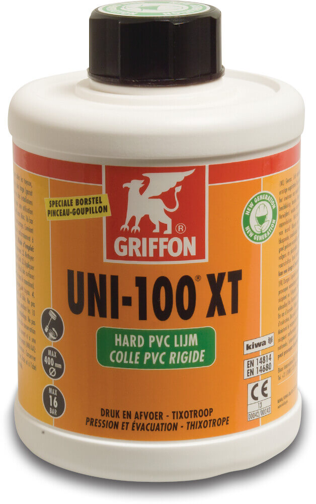 Griffon PVC-lijm 0,25ltr met kwast KIWA type Uni-100 XT THF free label NL/FR
