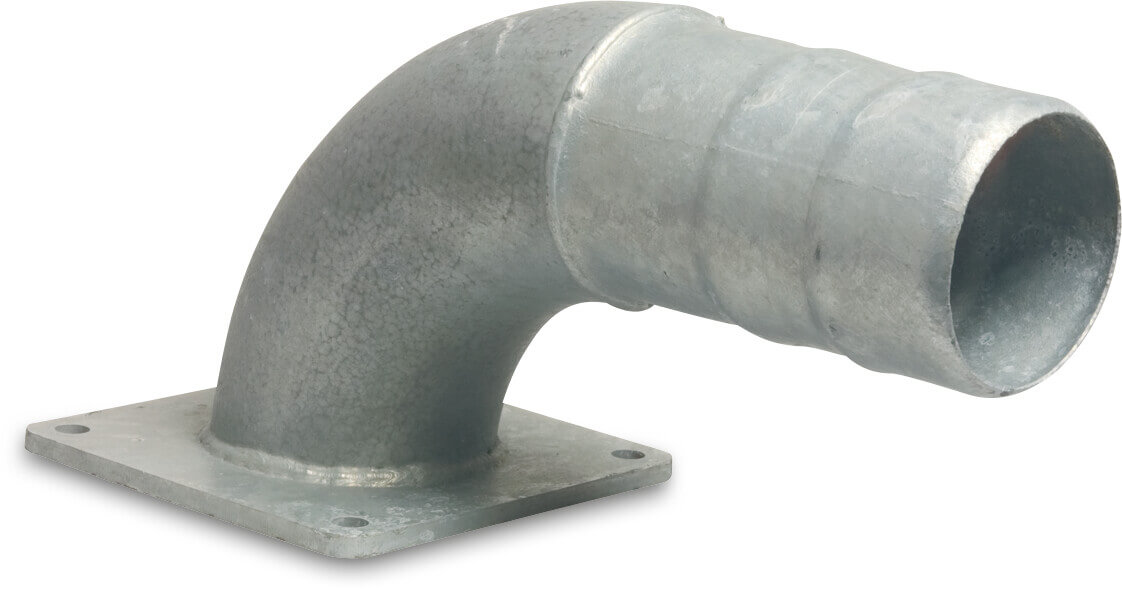 Bend 90° steel galvanised 4" x 102 mm square flange x hose tail