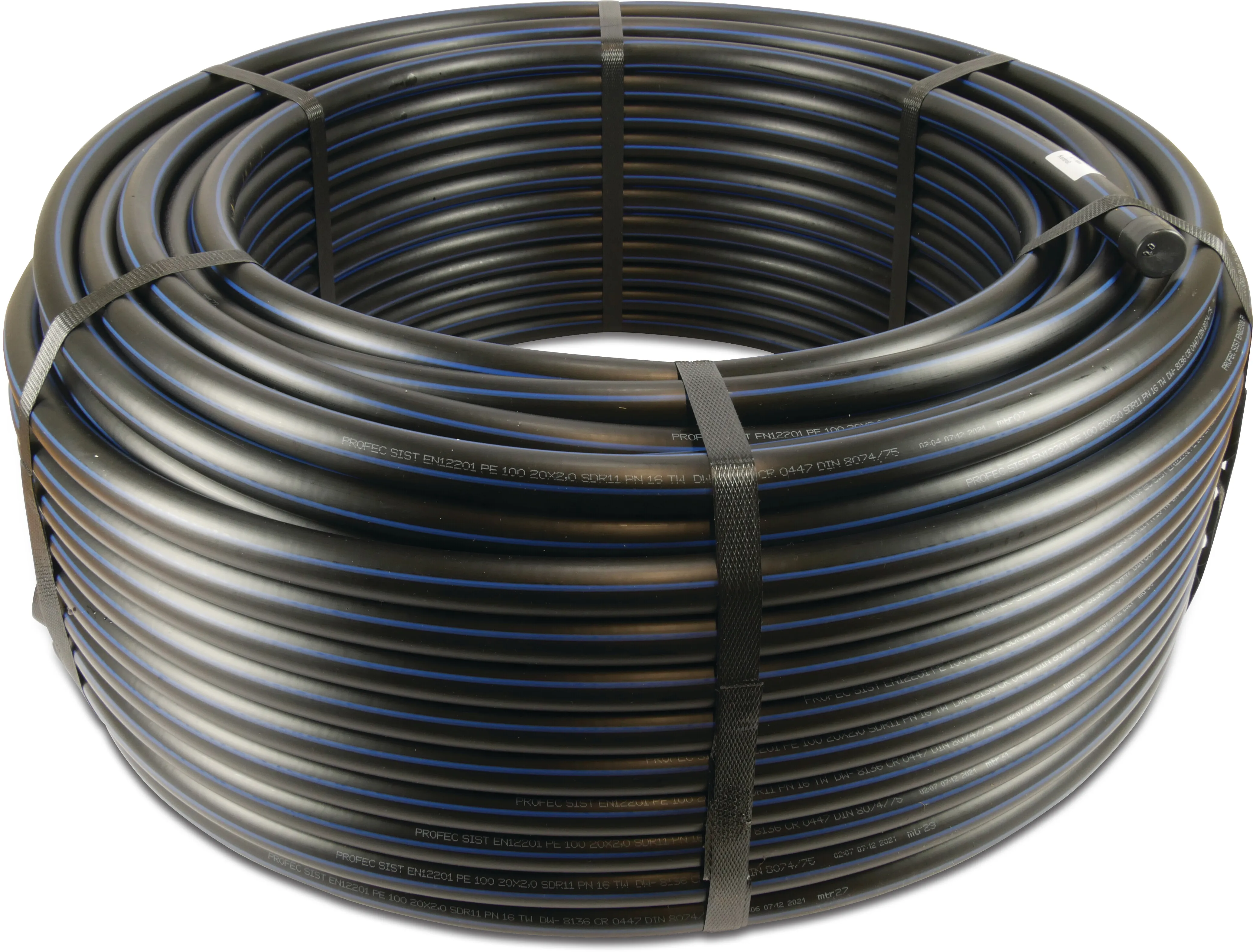 Pressure pipe PE100 25 mm x 2,3 mm plain SDR11 16bar black/blue 100m DVGW