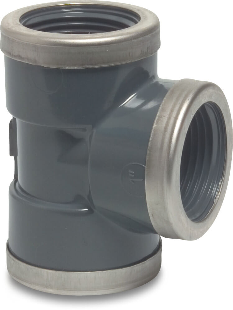 Profec T-piece 90° PVC-U 1 1/2" female thread 16bar grey with stainless steel ring type reinforced