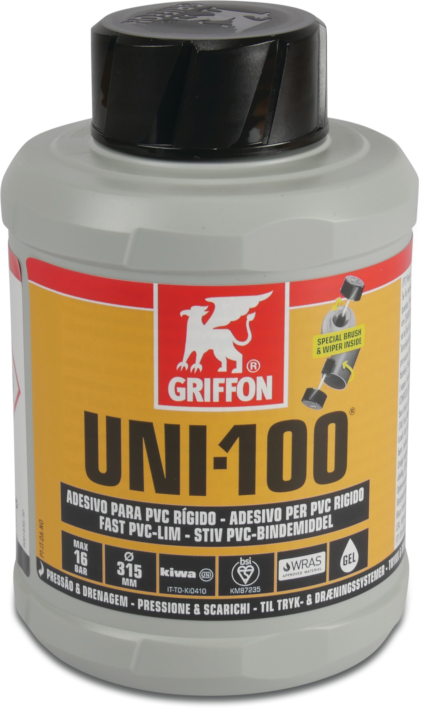 Griffon PVC glue transparent 0,25ltr with brush KIWA type Uni-100 label PL/CS/HU/SK