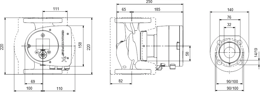 Grundfos Umwälzpumpe mit variabler Drehzahl Edelstahl DN32 DIN Flansch 10bar 1.47A 230VAC Schwarz/Rot WRAS Typ MAGNA3 32-100FN (220)