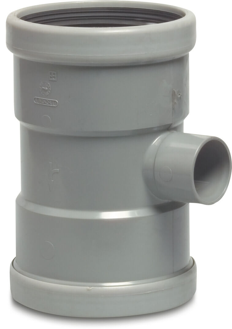Drainage reducer T-piece 87° PVC-U 110 mm x 75 mm x 110 mm SN4 ring seal x glue socket x ring seal grey KOMO/BENOR
