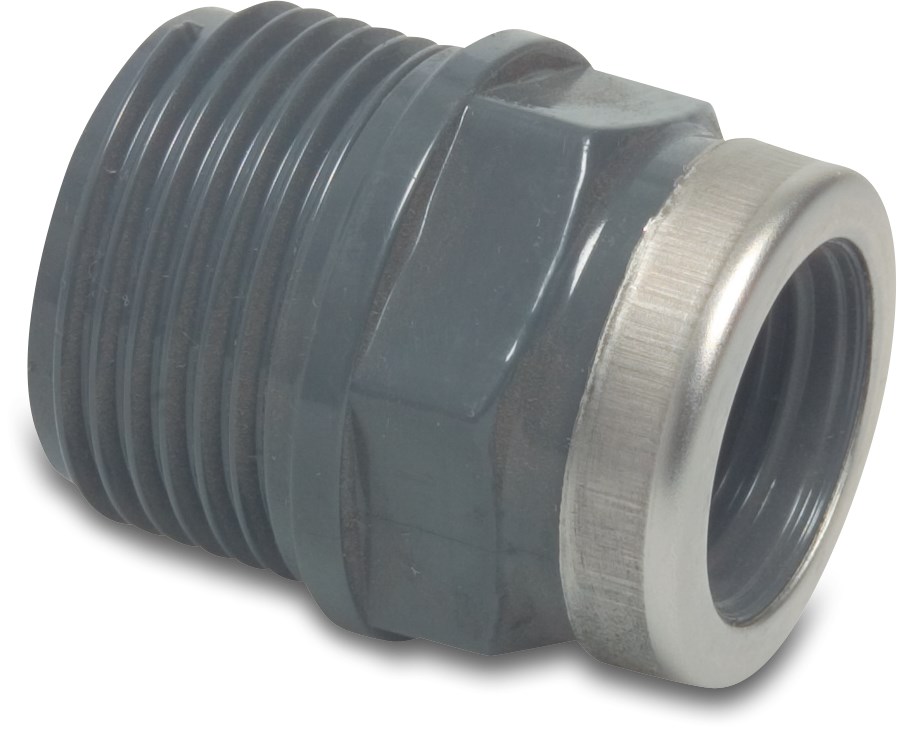 VDL Reducer nipple PVC-U 3/8" x 1/2" male thread x female thread 10bar grey with stainless steel ring type reinforced
