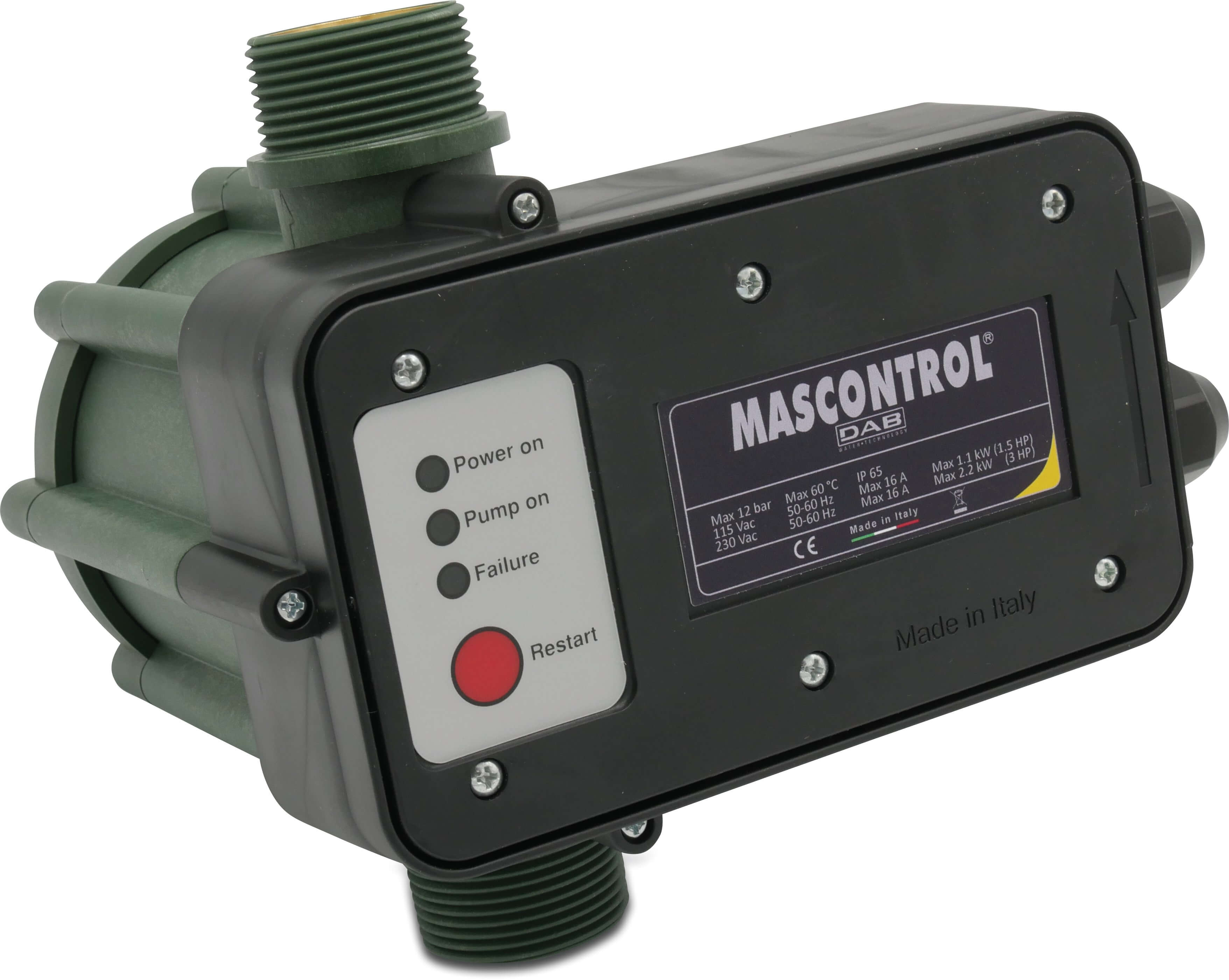 DAB Tryckkontroll torrkörningsskydd 1 1/4" utvändig gänga 230VAC grön type Mas Control utan kabel