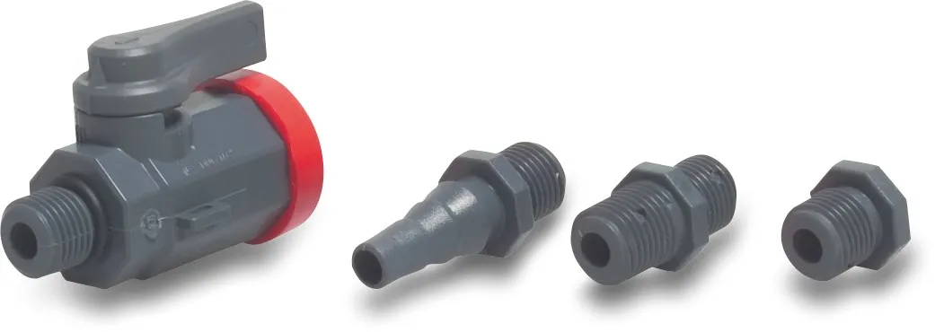 Praher Zawór kulowy laboratoryjny PVC-U 1/4" GW x GZ 10bar szary