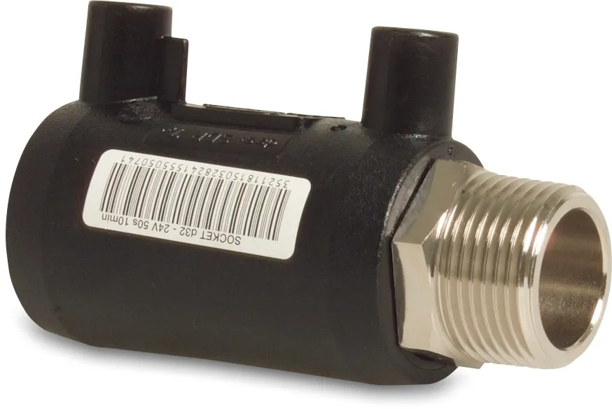 Jason Puntstuk PE100/messing vernikkeld 20 mm x 1/2" electrolassok x buitendraad SDR 7,6 24VAC 16bar 25bar zwart DVGW