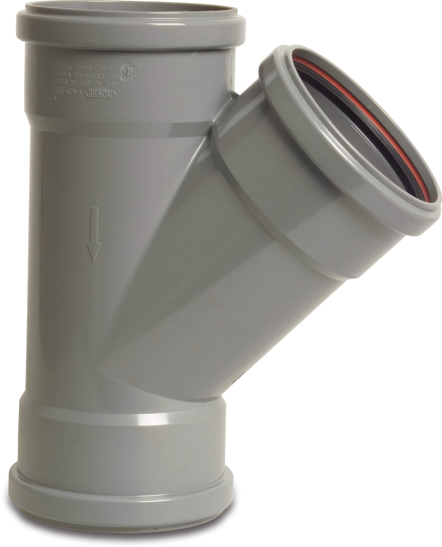 T-stykke 45° PVC-U 250 mm SN8 tætningsring grå KOMO/BENOR