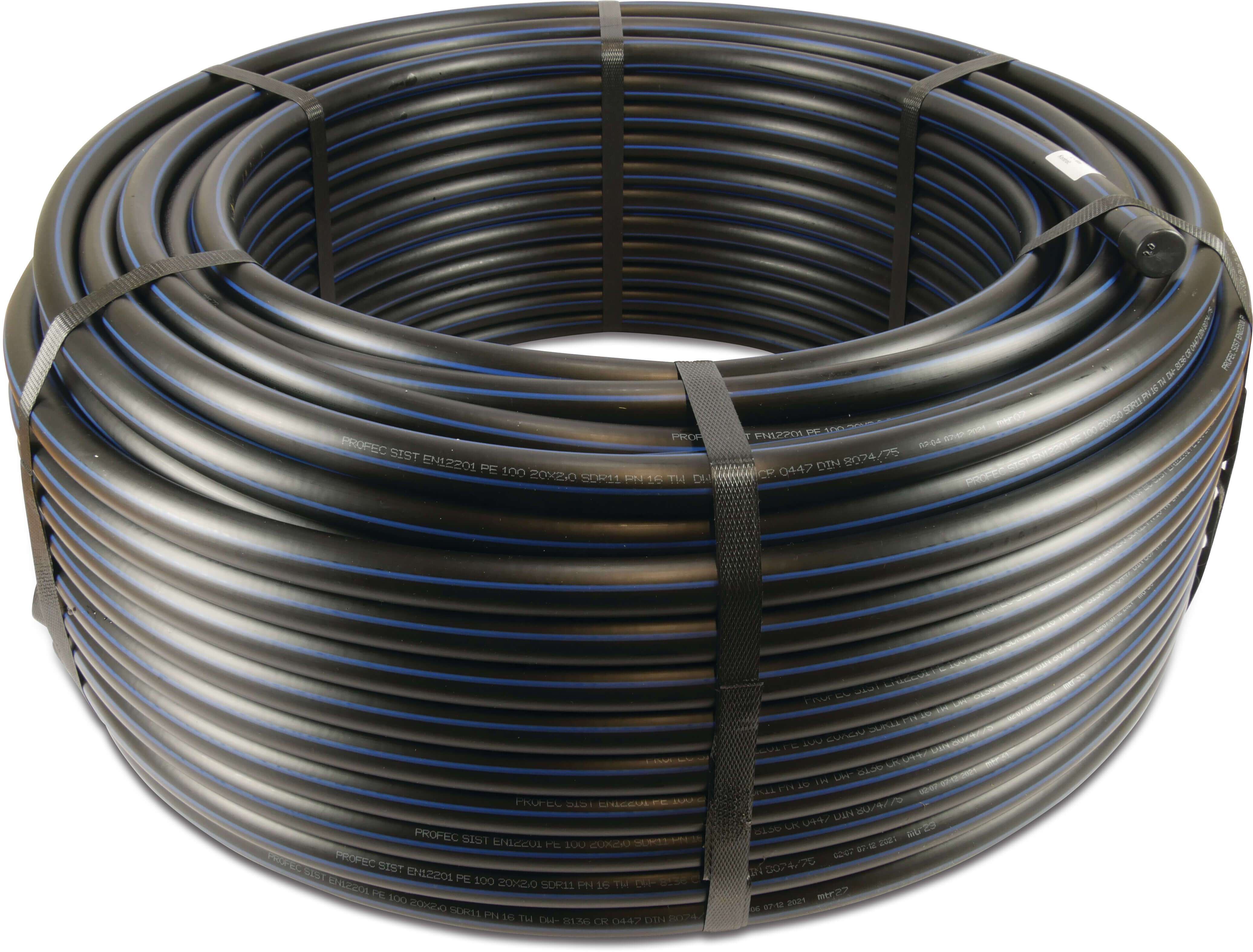 Pressure pipe PE100 110 mm x 10,0 mm plain SDR11 16bar black/blue 100m DVGW