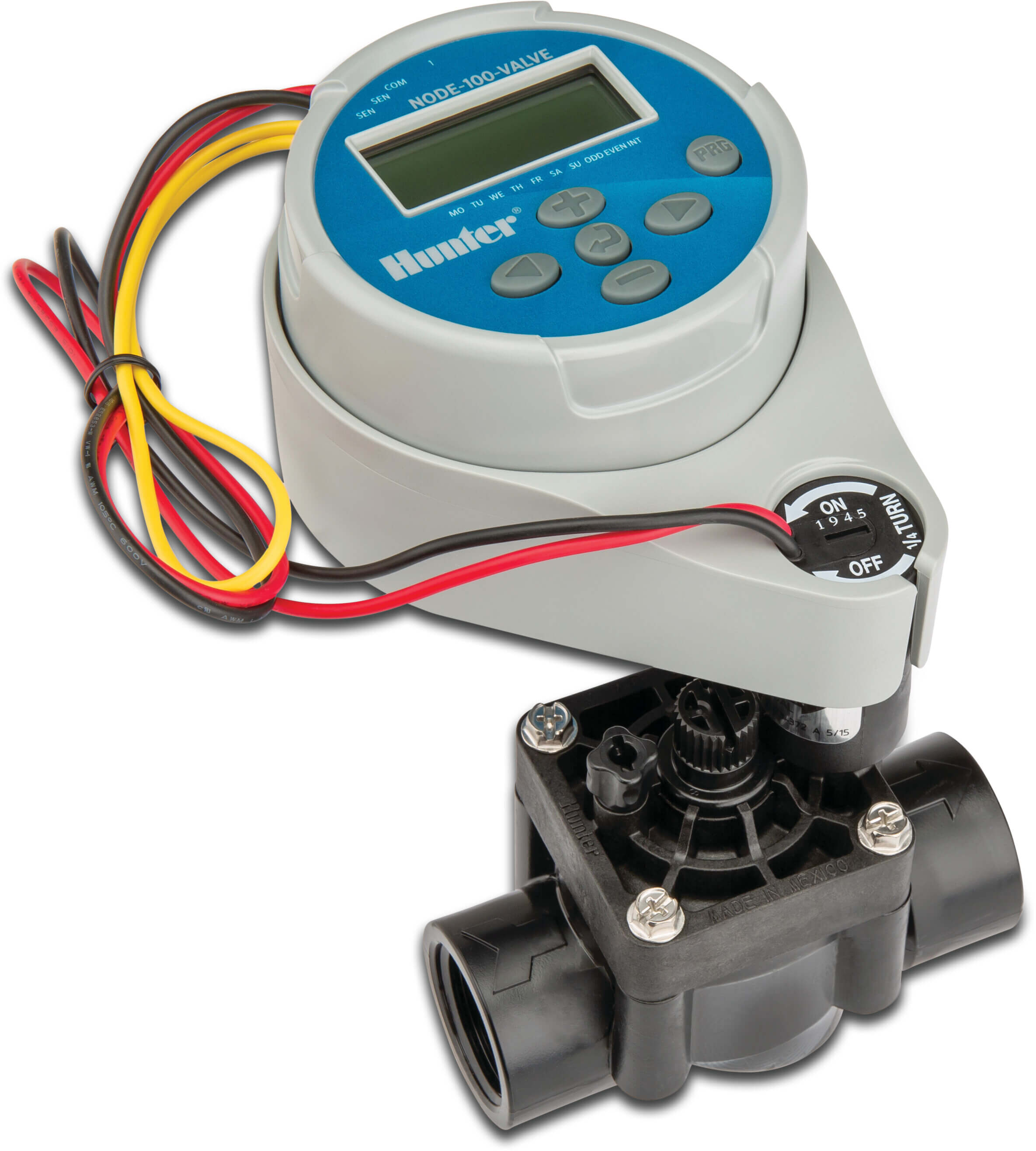 Hunter Irrigation controller 9VDC type NODE-100 installed on PGV-101-G BSP valve, with solenoid 1 station