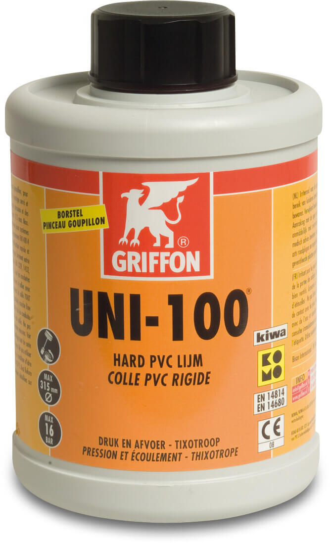 Griffon PVC-lijm transparant 0,25ltr met kwast KIWA type Uni-100 label NL/FR
