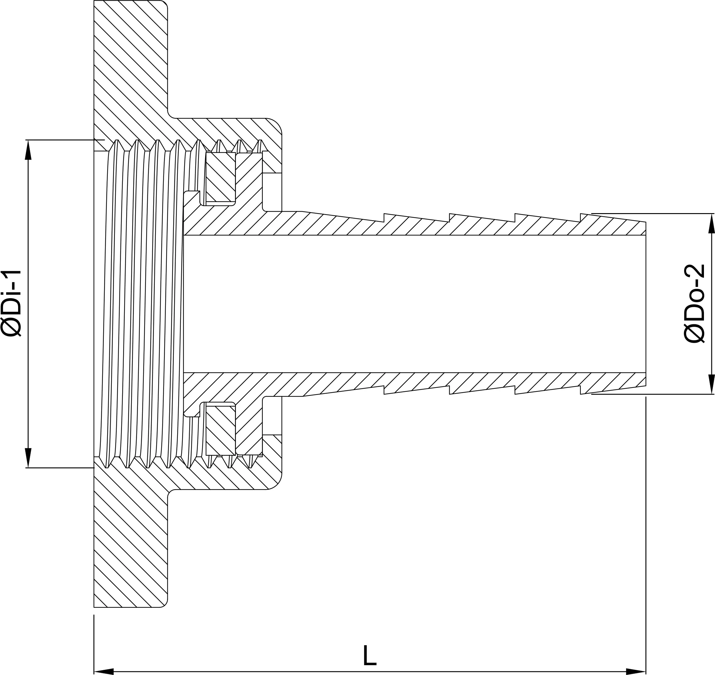 Profec Hose tail 2/3 union adaptor brass 2" x 50 mm female threaded nut x hose tail type flat seal