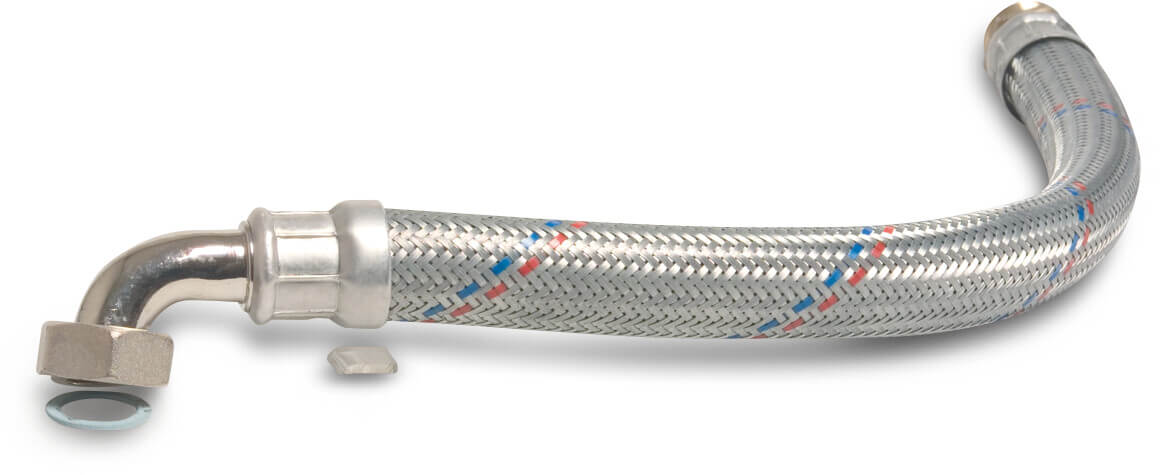 Flettet slange stål galvaniseret 1" udvendig gevind x indvendig gevindmøtrik 50cm højre-vinklet KTW/DVGW type højre-vinklet
