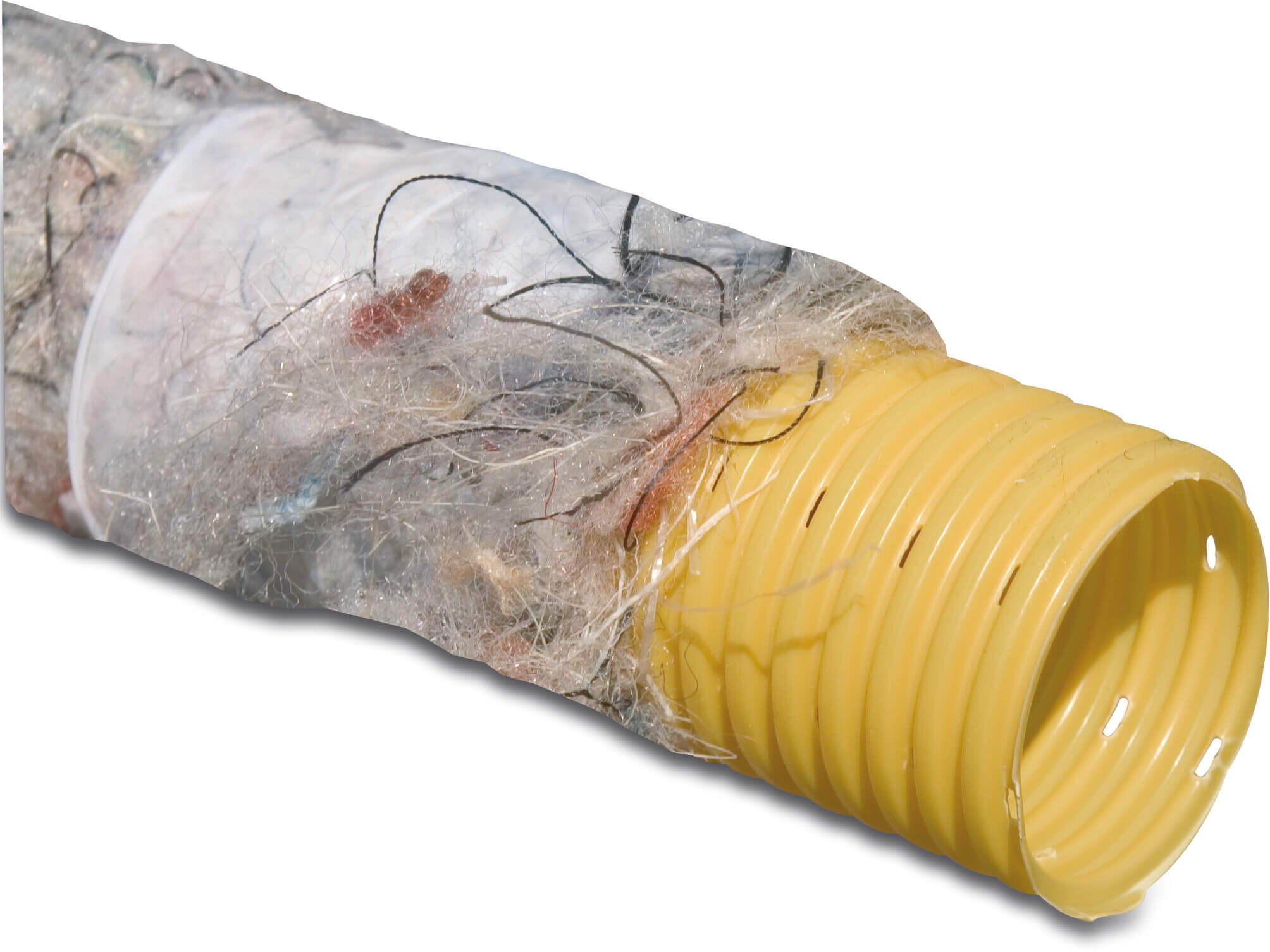 Drainage pipe PVC-U 65 mm click socket x plain yellow 150m KIWA/KOMO type perforated, wrapped with PP fibre 450