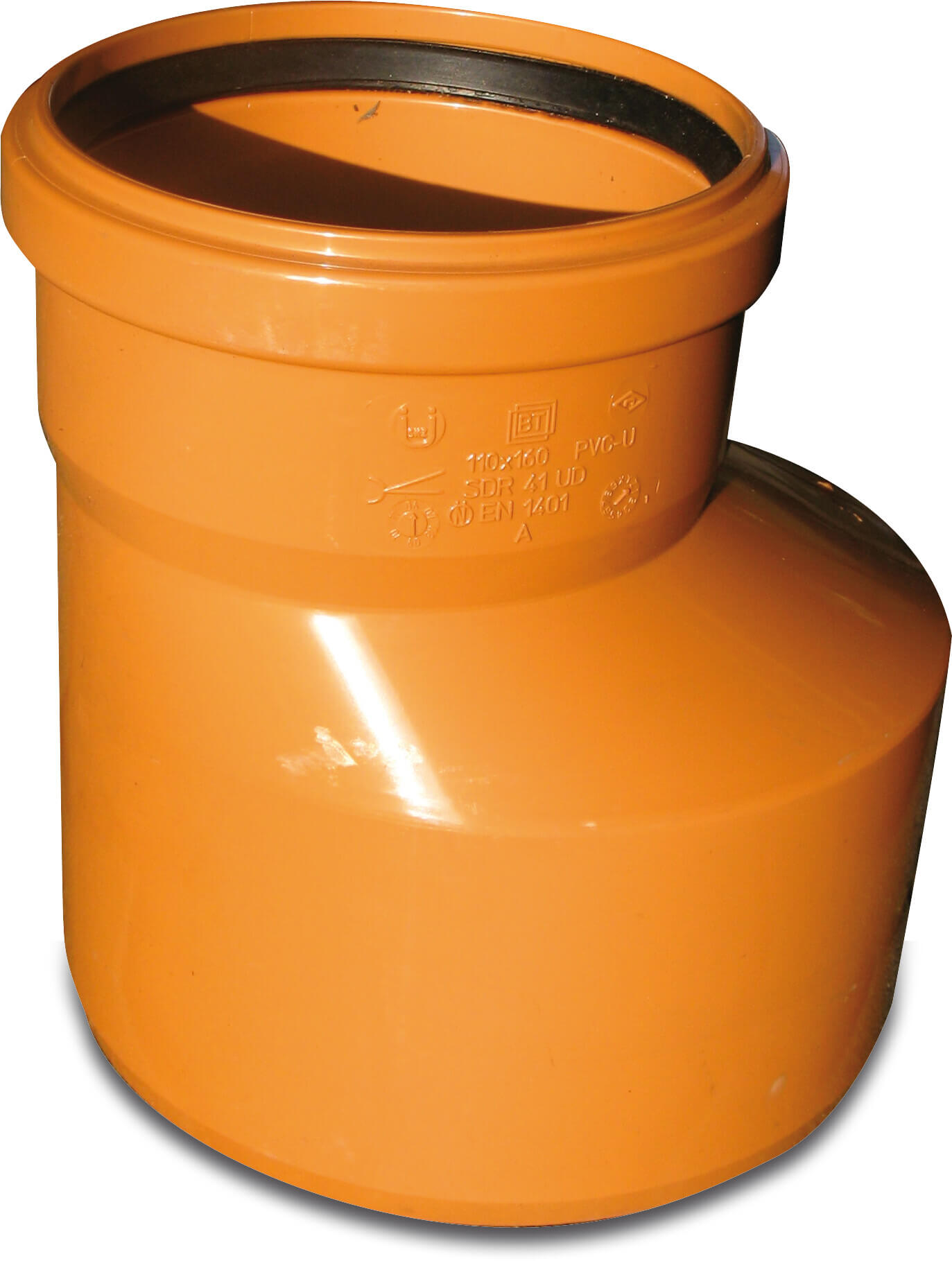 Reduktion excentriskt PVC-U 110 mm x 125 mm SN4 o-rings tätning x koppling rödbrun