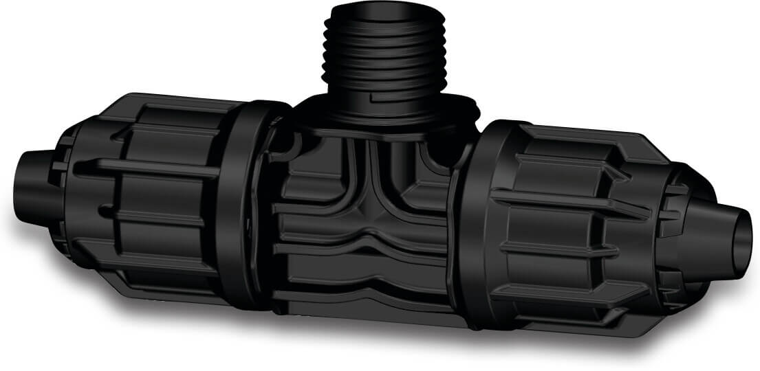 T-piece 90° PP 20 mm x 1/2" x 20 mm quick joint x male thread 4bar black