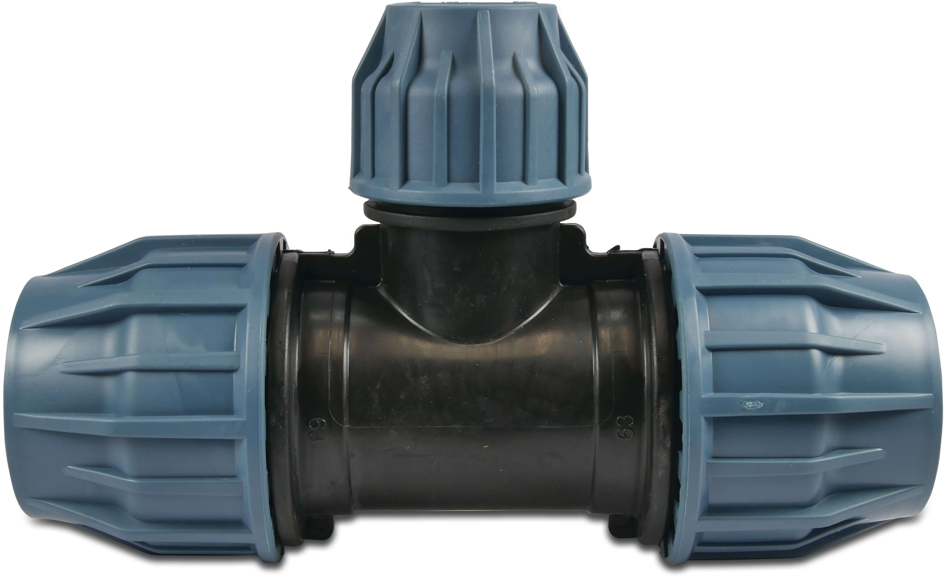 Jason T à 90°, réduit PP 32 mm x 25 mm x 32 mm à serrer 16bar noir/bleu DVGW/KIWA/WRAS/SVGW