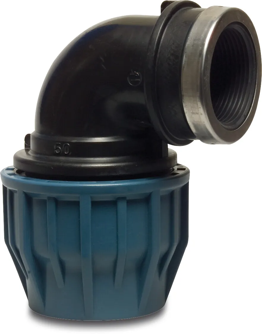 Jason Adaptor elbow 90° PP 50 mm x 1 1/2" compression x female thread 16bar black/blue DVGW/KIWA/WRAS/SVGW