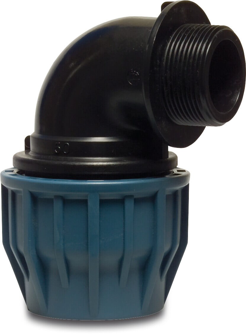 Jason Adaptor elbow 90° PP 32 mm x 3/4" compression x male thread 16bar black/blue DVGW/KIWA/WRAS/SVGW