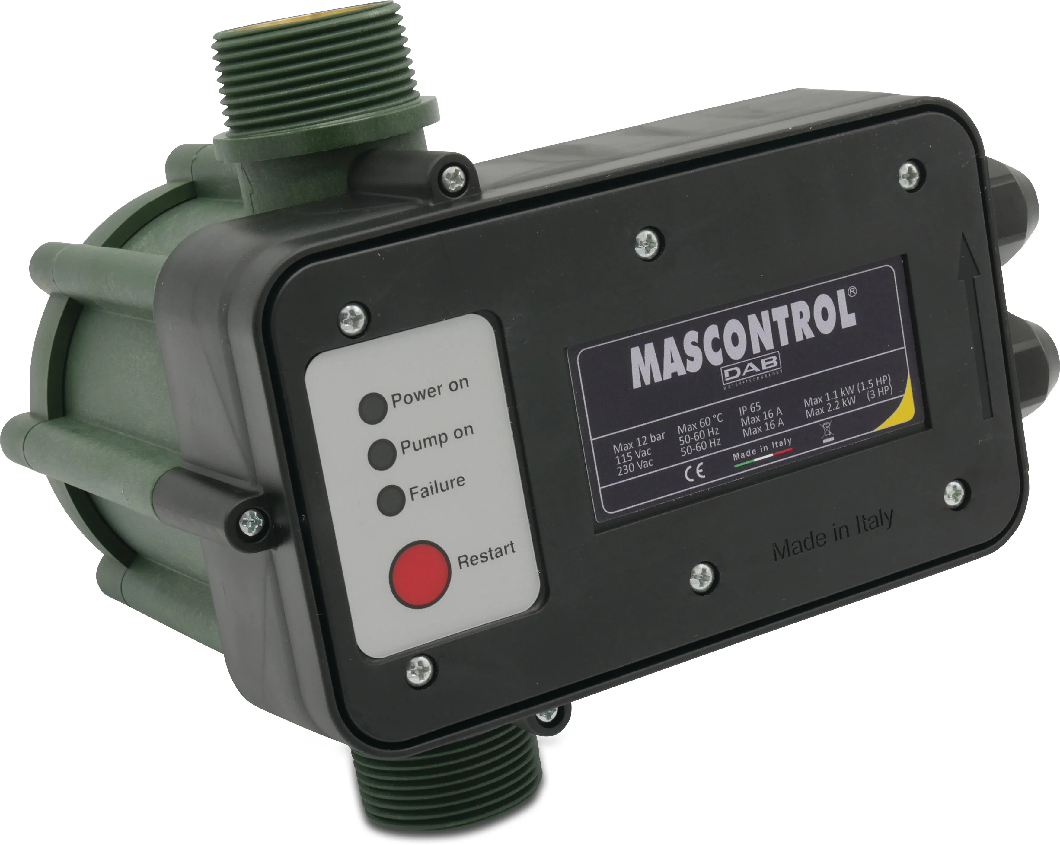 DAB Trykkontrol tørkørselsbeskyttelse 1 1/4" udvendig gevind 230VAC grøn type Mas Control uden kabel