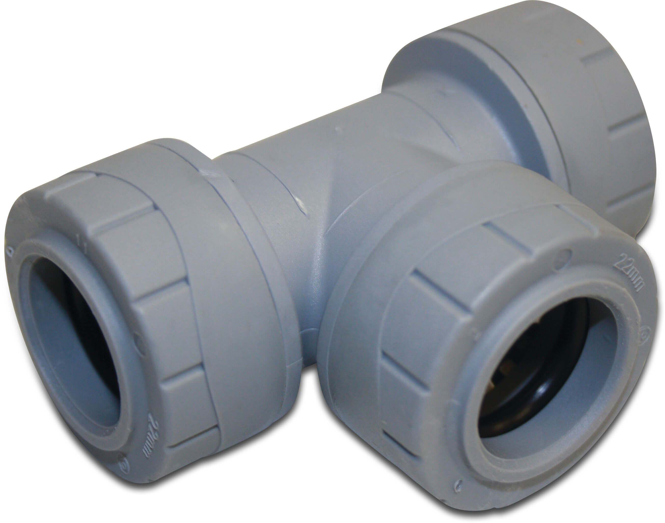 Twin pipe T-piece 90° polybutylene 22 mm push-in grey