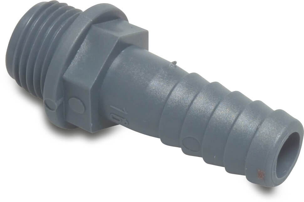 Hose tail adaptor PP 1/2" x 16 mm male thread x hose tail 6bar grey