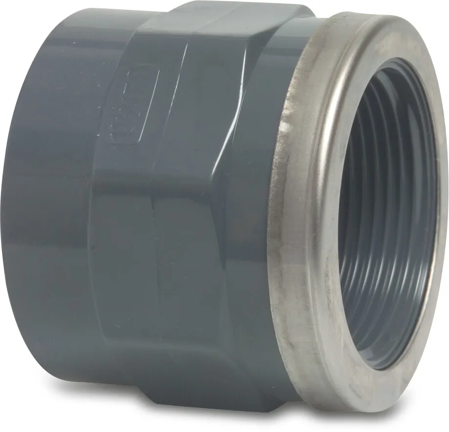 Profec Adaptor socket PVC-U 63 mm x 2" glue socket x female thread 10bar grey with stainless steel ring type reinforced