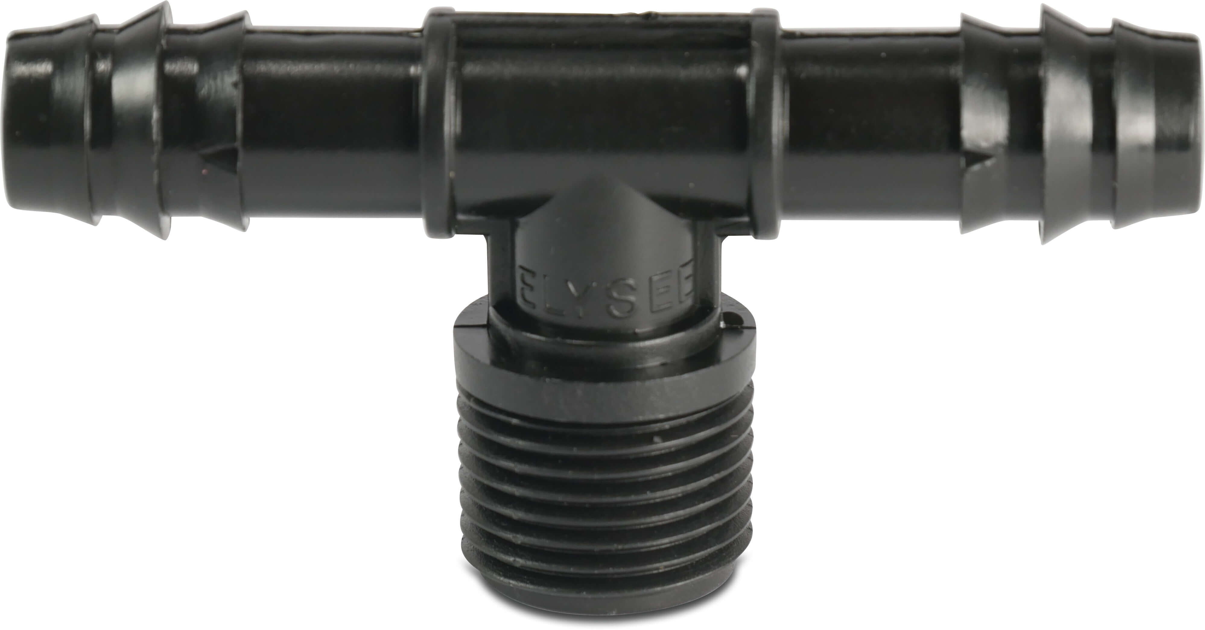 T-stuk 90° POM 16 mm x 3/4" x 16 mm barbed x buitendraad x barbed 4bar zwart