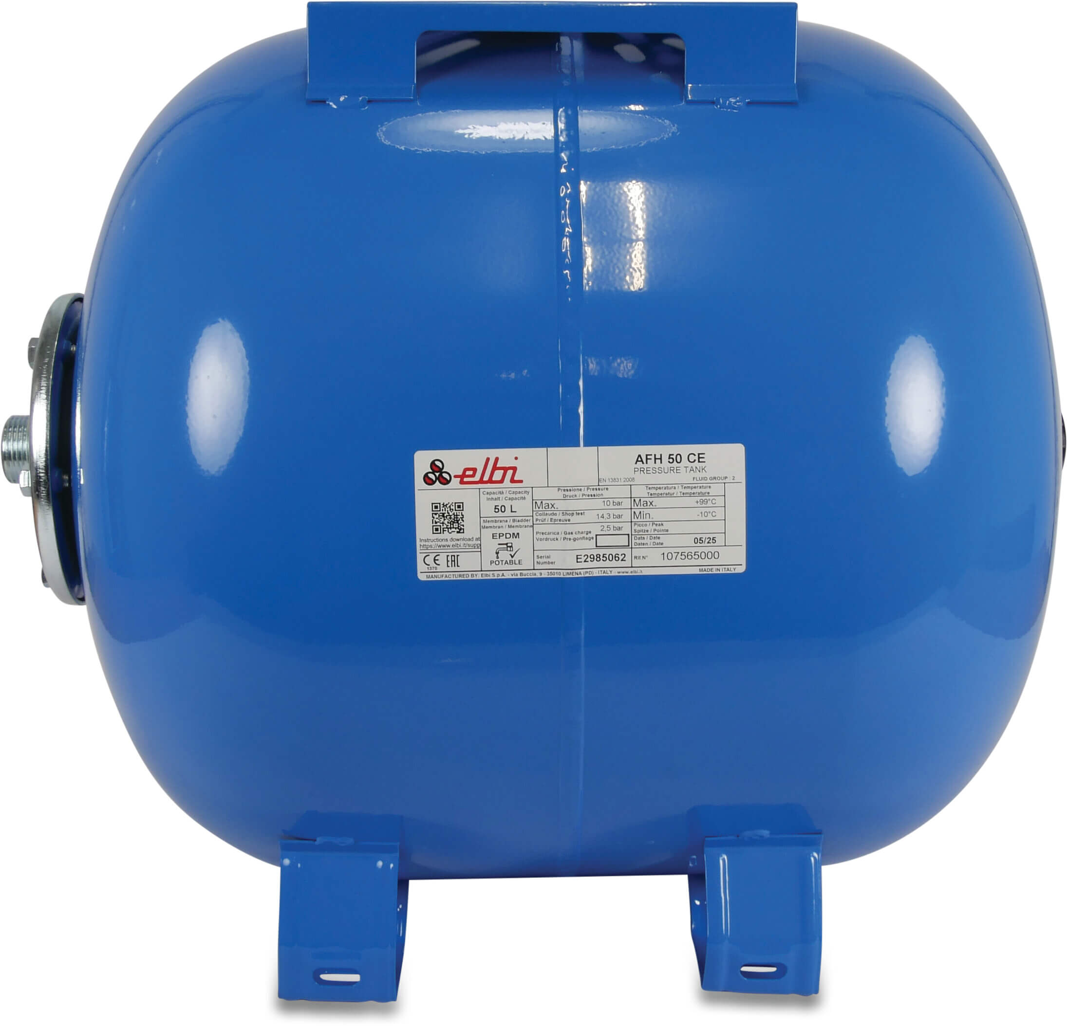 Elbi Membrane pressure tank steel powder coating 1" male thread 10bar 100ltr type horizontal