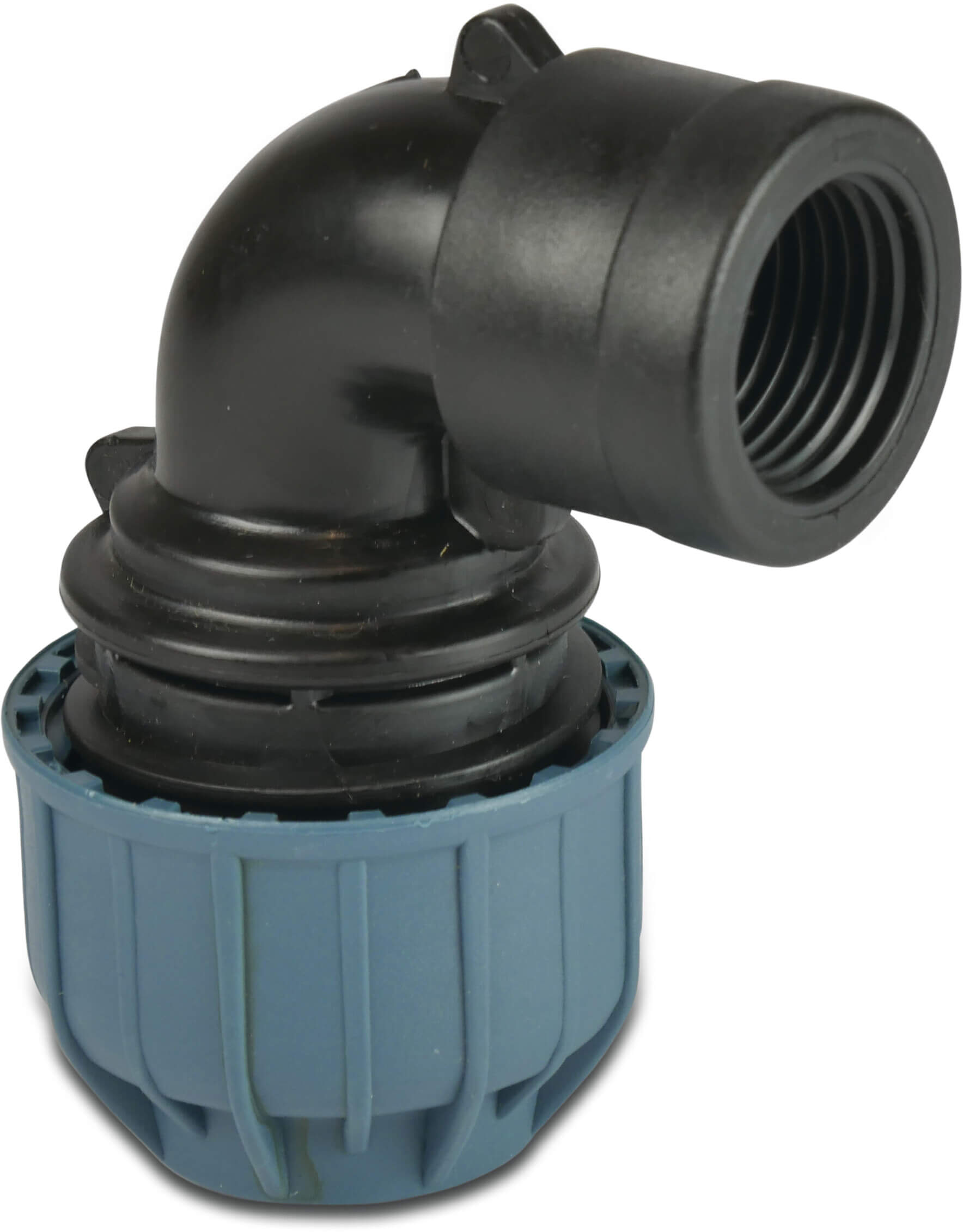 Jason Elbow 90° PP 63 mm x 2 1/2" compression x female thread 10bar black/blue