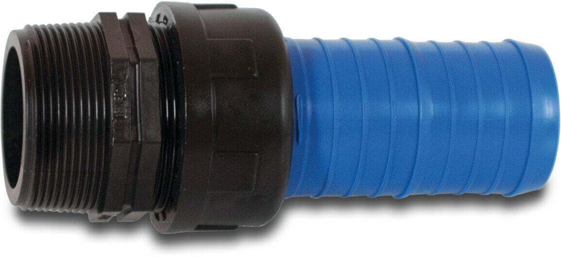 Overgangskoppeling PP 3" x 77 mm buitendraad x slangtule zwart/blauw type Layflat