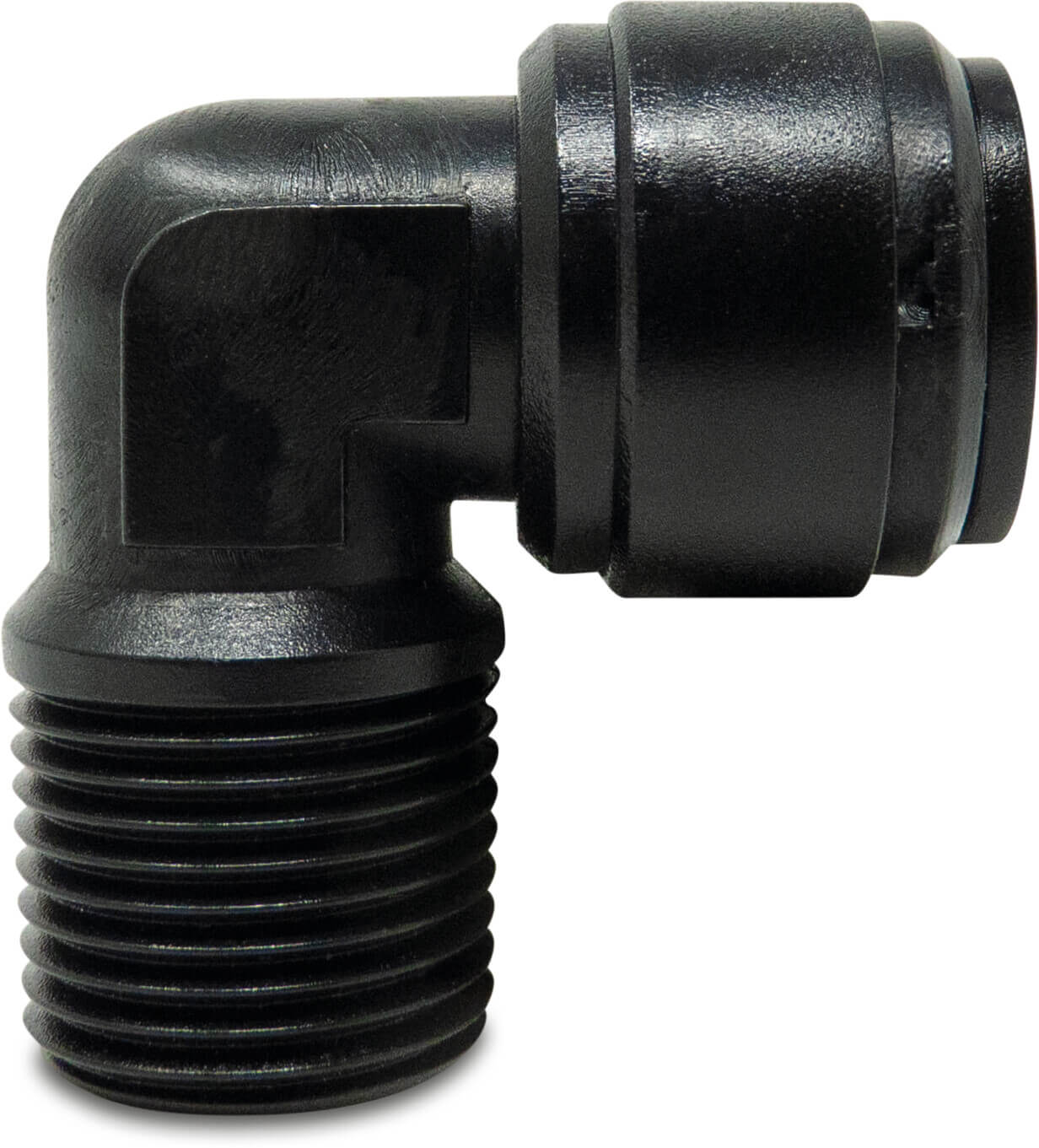Adaptor elbow 90° POM 8 mm x 1/4" push-in x male thread 20bar black WRAS type Aquaspeed