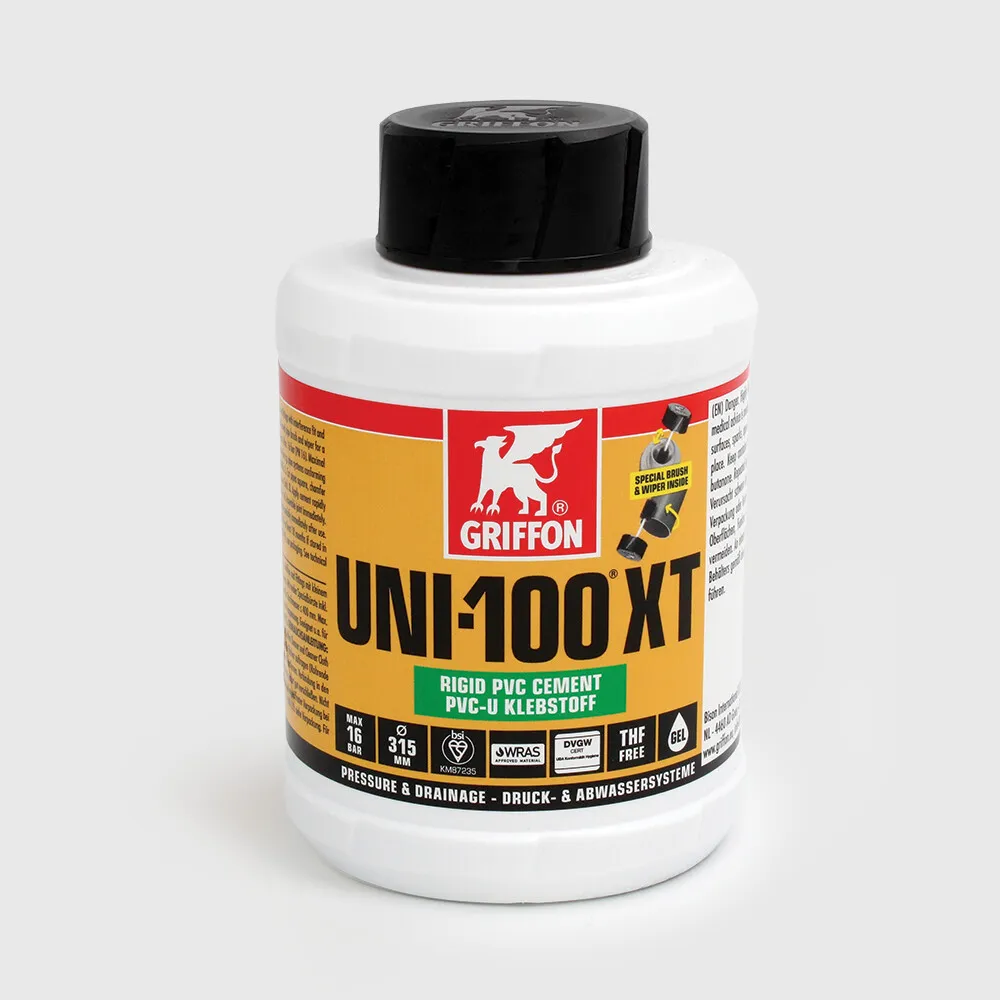 Griffon PVC glue transparent 1ltr with brush KIWA type Uni-100 XT THF free label EN/DE