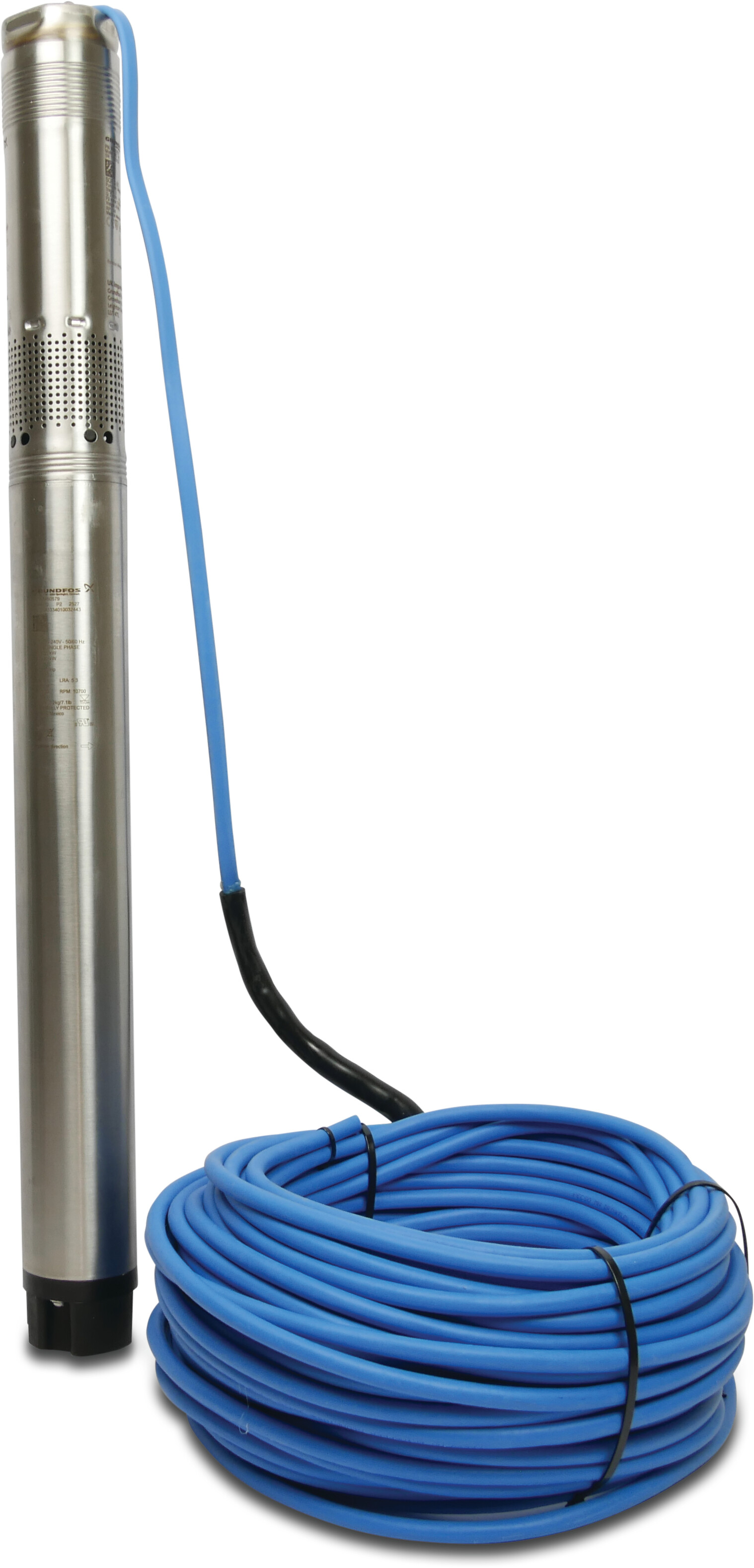 Grundfos 3" bronpomp RVS 1.25" binnendraad 15bar 5.3A 230VAC type SQE 2-55 met een kabel van 40 meter